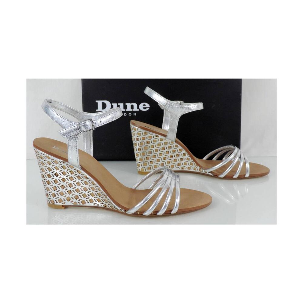 Dune London Hath Dress Strappy Wedge Heels Sandal Leather Silver